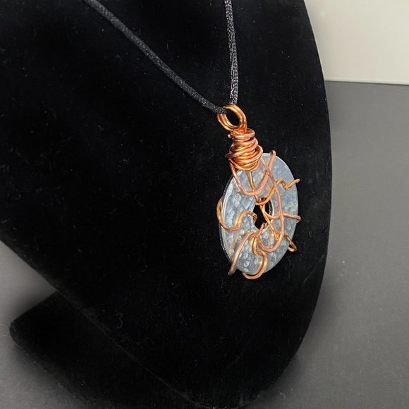 Copper Wire Wrapped Hammered Stainless Steel Washer Pendant on Satin Cord - Picture 9 of 9